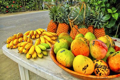Colorful tropical fruit on table for sale along Tahiti street