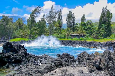 Waves crashing on the jagged lava rock shoreline in Keanae, Maui with house in the rainforest distance