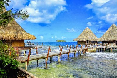 Bora Bora Bungalows with walkway over water